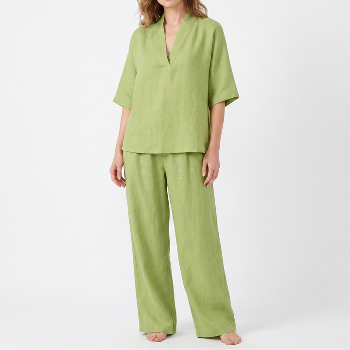 Women's Linen Two-Piece Set V-Neck Top and Wide-Leg Pants Relaxed Fit