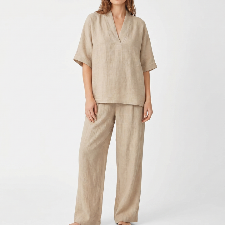 Women's Linen Two-Piece Set V-Neck Top and Wide-Leg Pants Relaxed Fit