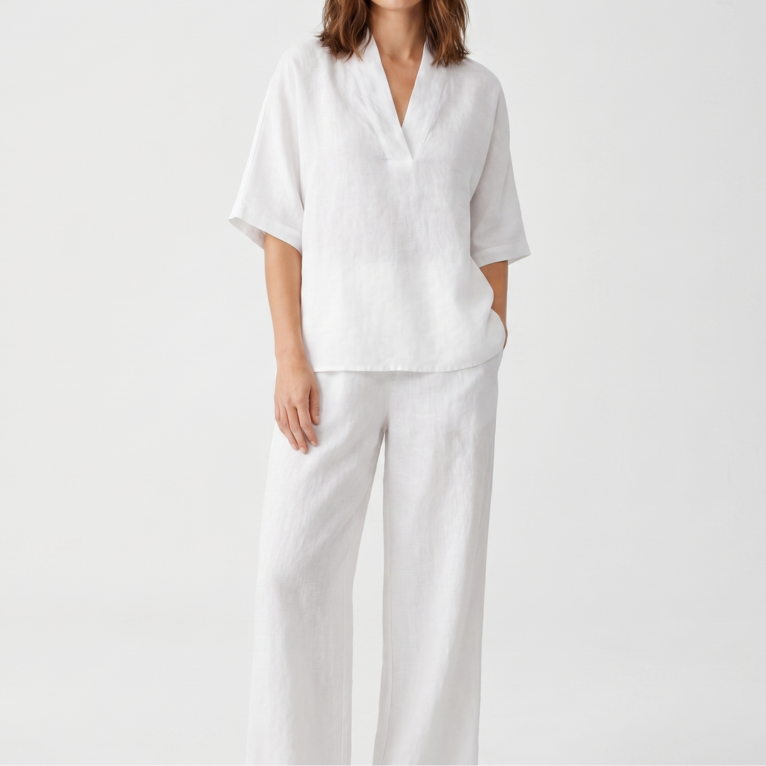 Women's Linen Two-Piece Set V-Neck Top and Wide-Leg Pants Relaxed Fit