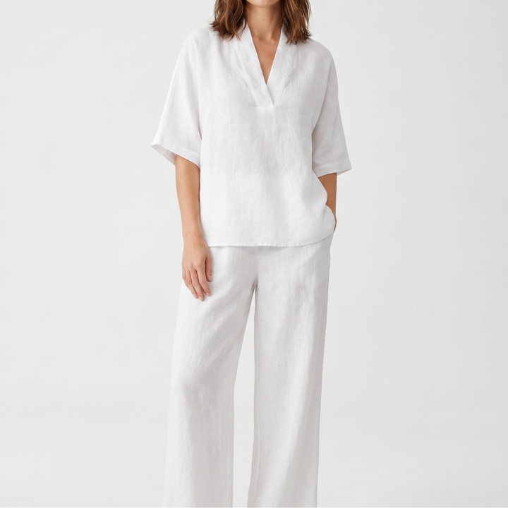 Women's Linen Two-Piece Set V-Neck Top and Wide-Leg Pants Relaxed Fit