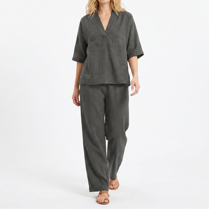 Women's Linen Two-Piece Set V-Neck Top and Wide-Leg Pants Relaxed Fit