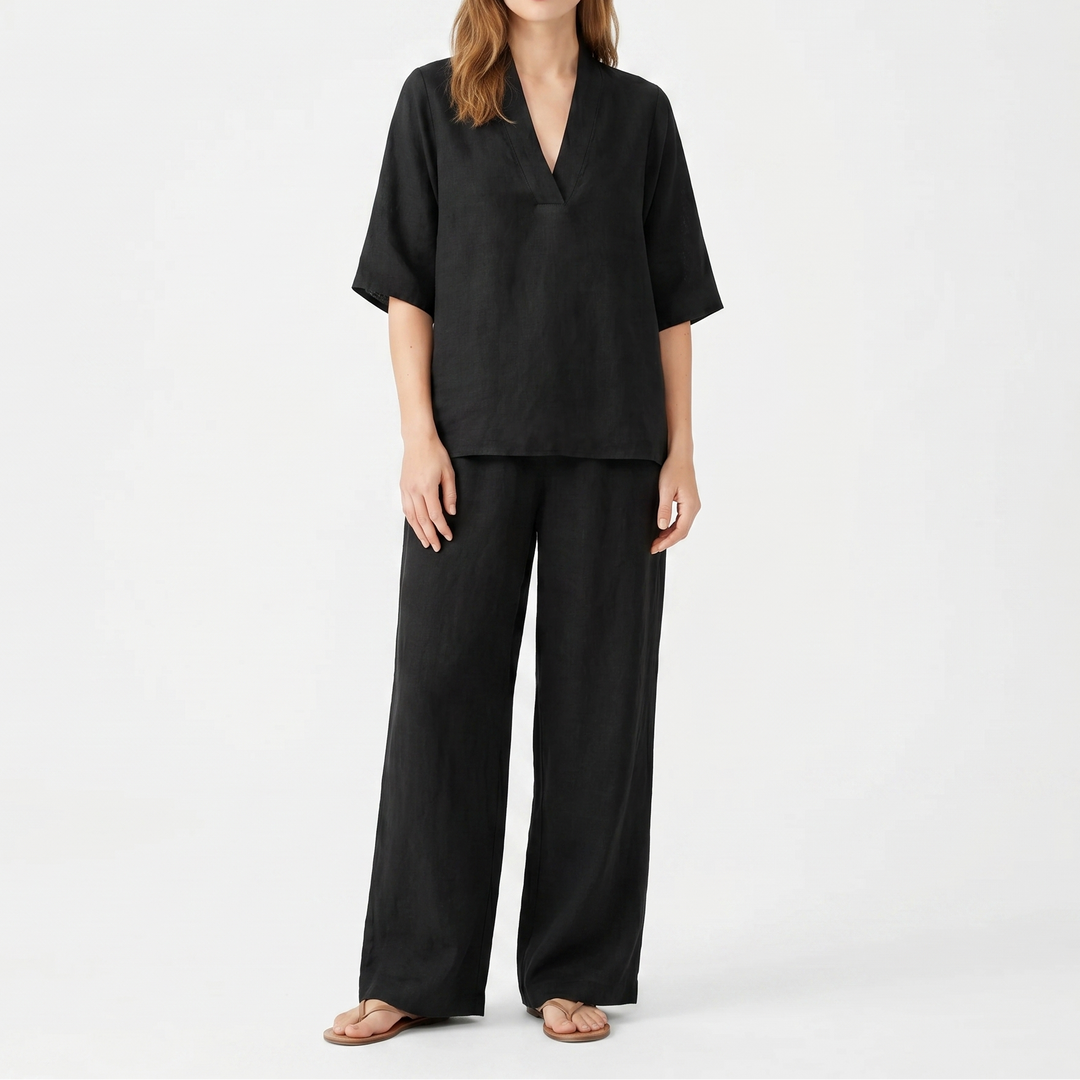 Women's Linen Two-Piece Set V-Neck Top and Wide-Leg Pants Relaxed Fit