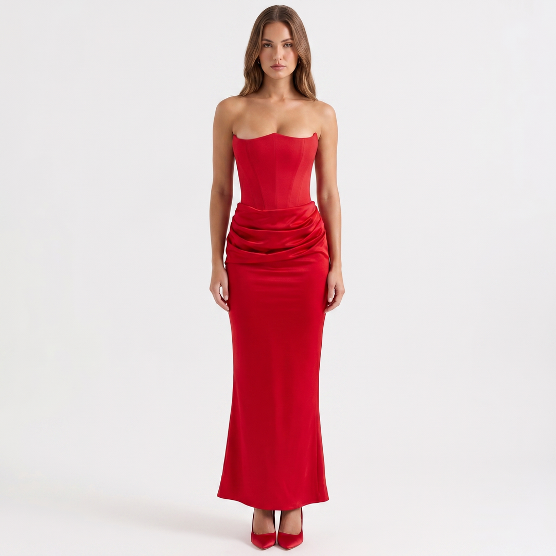 Women's Strapless Corset Maxi Dress Ruched Satin Bodycon Formal Evening