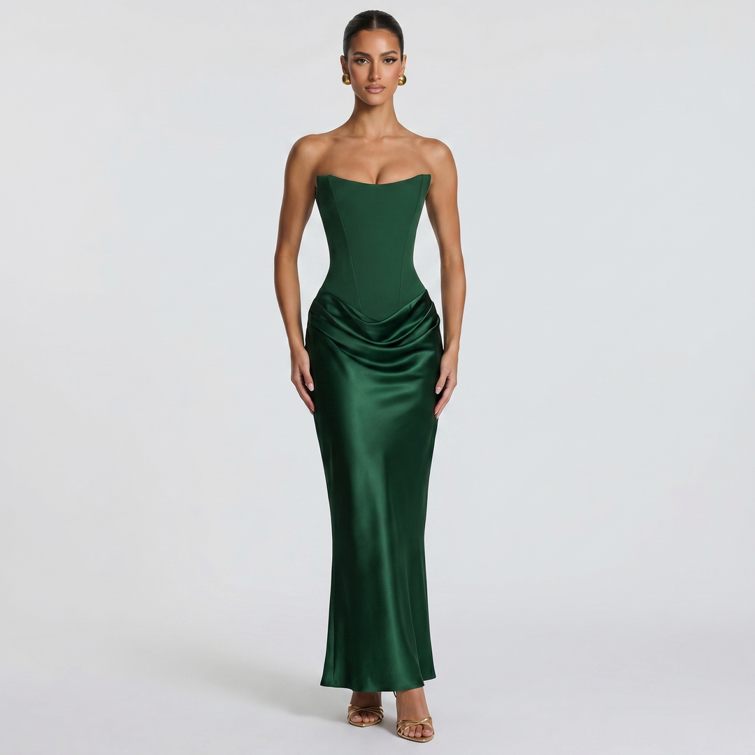 Women's Strapless Corset Maxi Dress Ruched Satin Bodycon Formal Evening