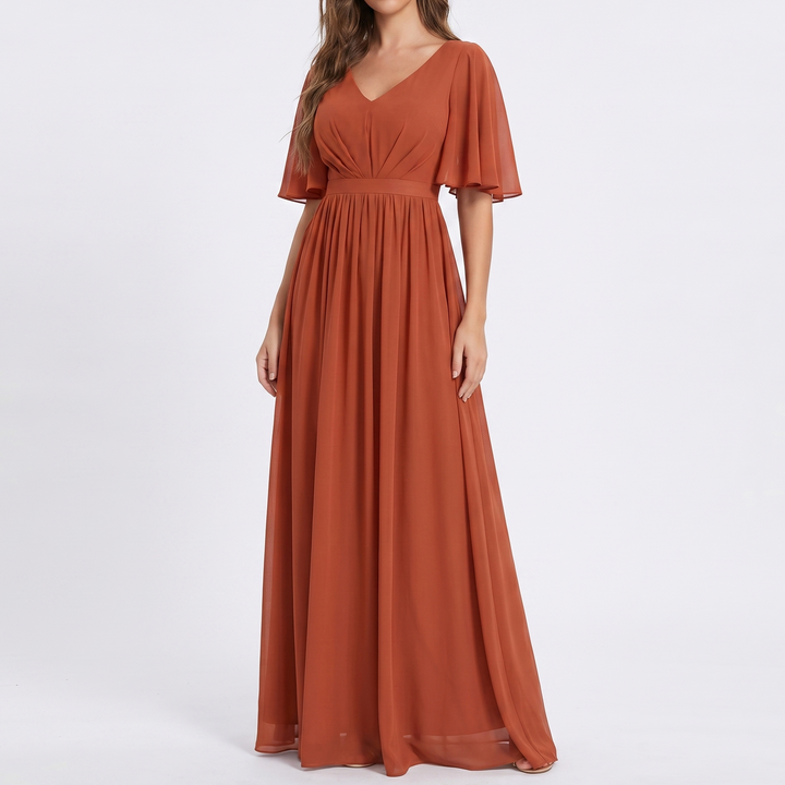 Women's Chiffon Maxi Dress V Neck Flutter Sleeve Ruched Waist Formal