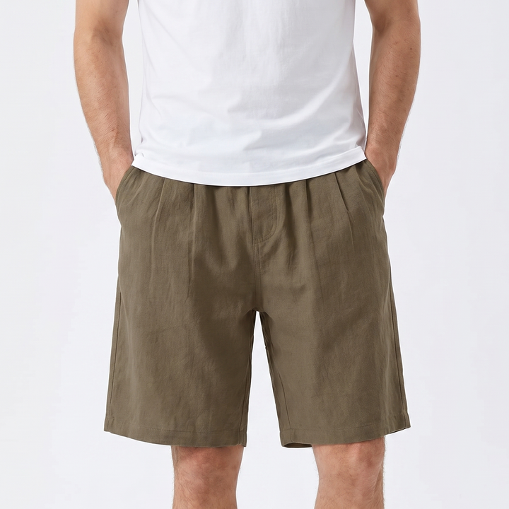 Men's Linen Shorts Elastic Waist Pleated Casual Summer Beach Shorts