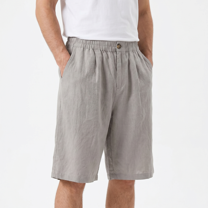 Men's Linen Shorts Elastic Waist Pleated Casual Summer Beach Shorts