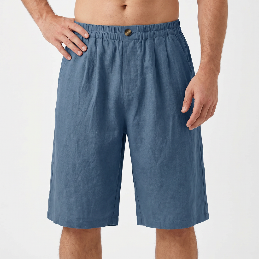 Men's Linen Shorts Elastic Waist Pleated Casual Summer Beach Shorts