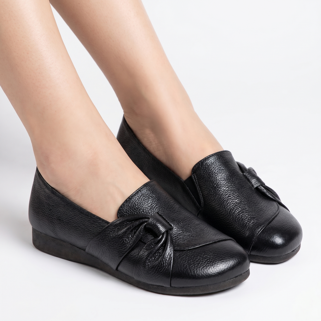 Women's Orthopaedic Knot Detail Leather Loafers Slip-On Round Toe Flat Casual Shoes