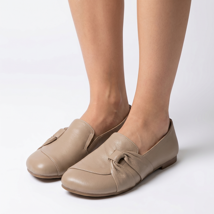 Women's Orthopaedic Knot Detail Leather Loafers Slip-On Round Toe Flat Casual Shoes