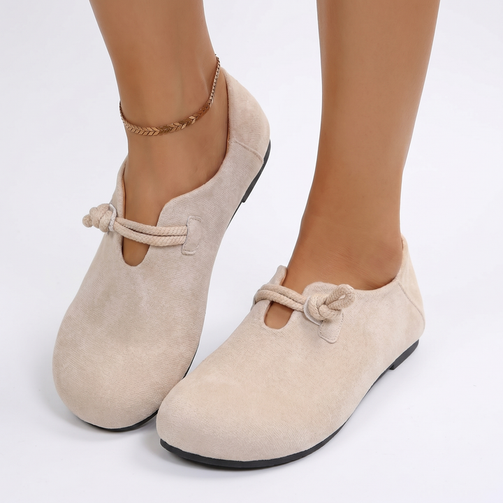 Women's Orthopaedic Suede T-Bar Flat Shoes Rope Knot Detail Round Toe Slip-On Ballet Flats