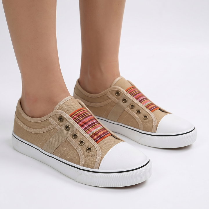 Women's Orthopaedic Canvas Slip-On Sneakers Elastic Striped Band Low Top Casual Shoes