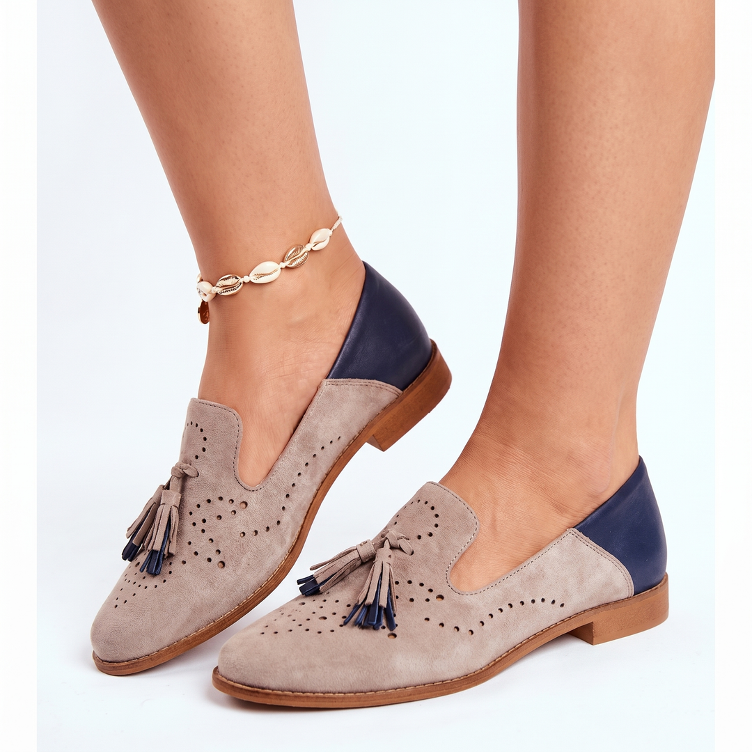 Women's Orthopaedic Tassel Loafers Two-Tone Suede Brogue Perforated Flat Slip-On Shoes