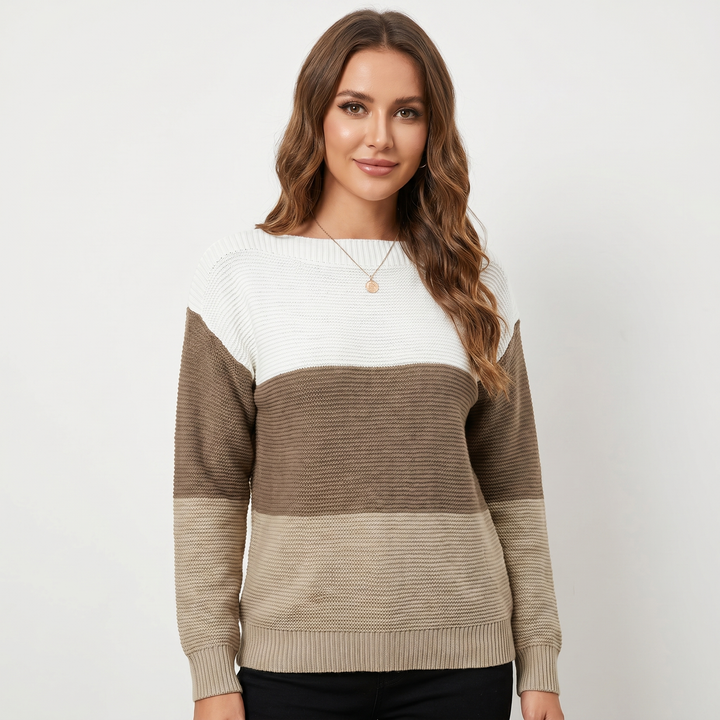 Women's Colour Block Knit Sweater Boat Neck Long Sleeve Relaxed Fit Pullover