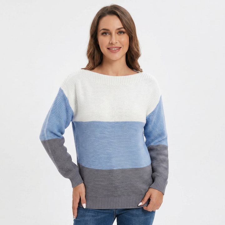 Women's Colour Block Knit Sweater Boat Neck Long Sleeve Relaxed Fit Pullover