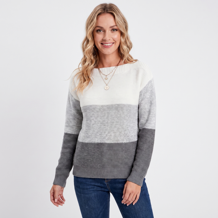 Women's Colour Block Knit Sweater Boat Neck Long Sleeve Relaxed Fit Pullover