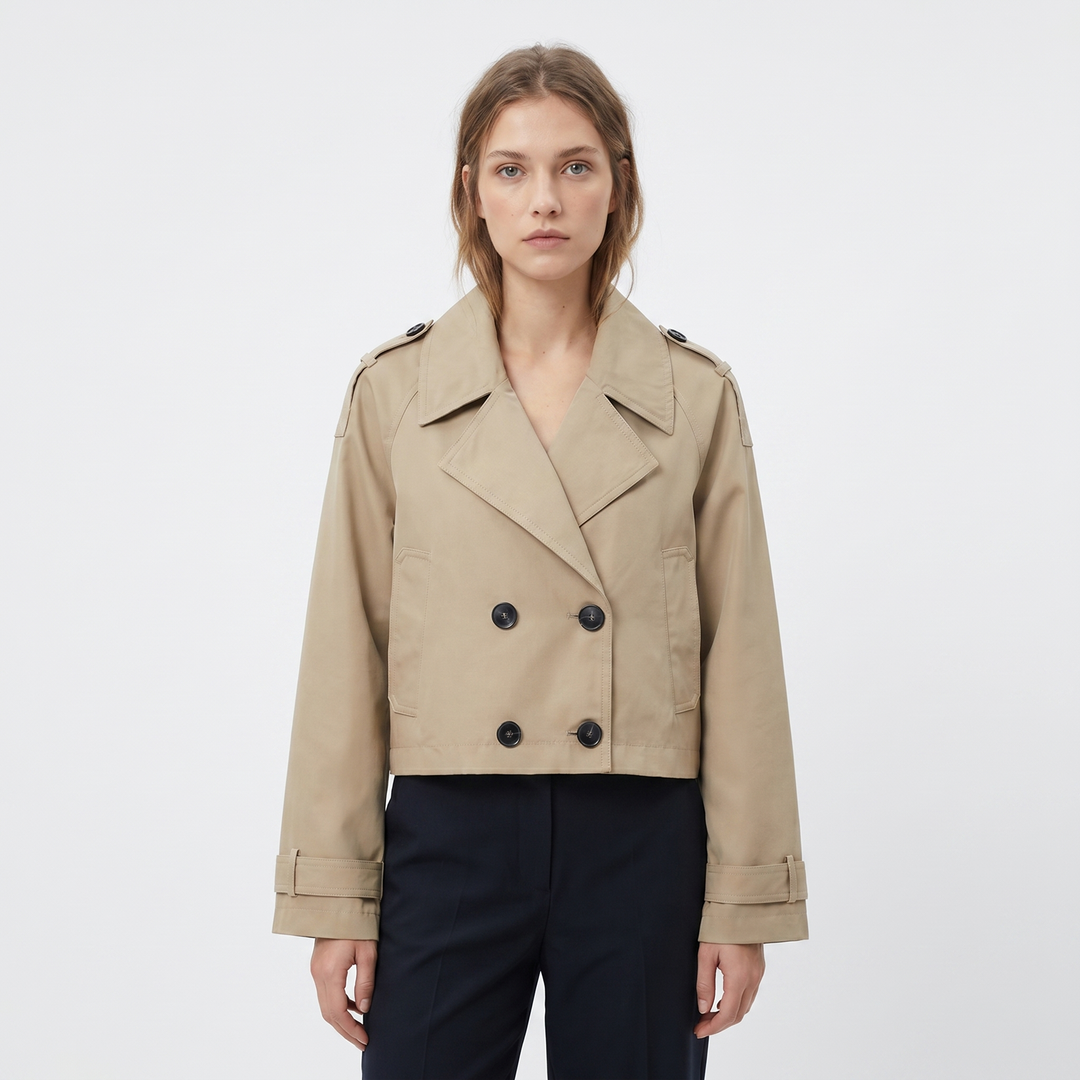 Women's Cropped Trench Jacket Double Breasted Epaulette Short Coat Spring Outerwear