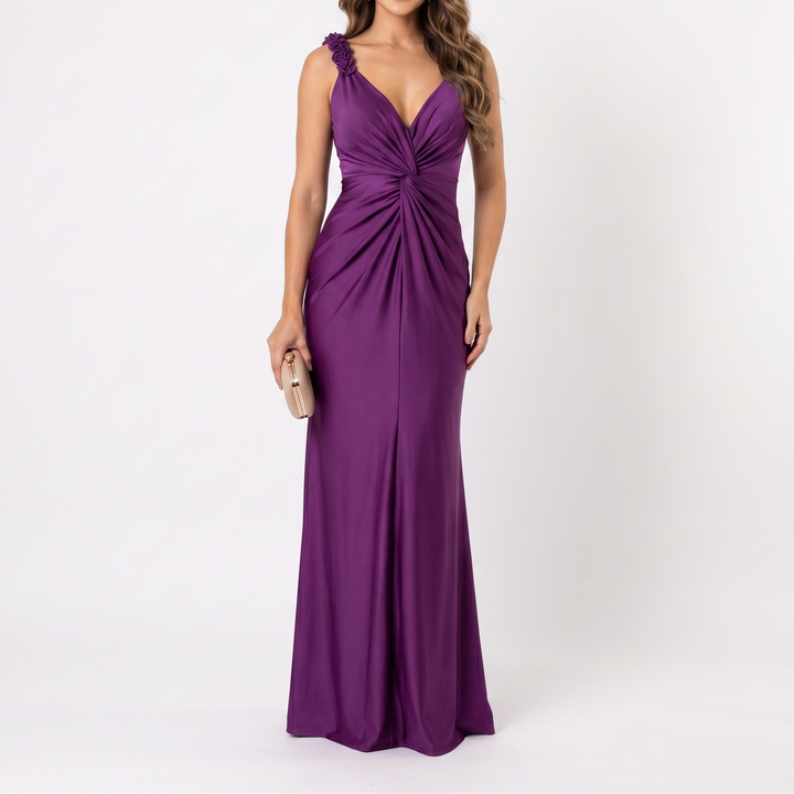Women's V Neck Ruched Maxi Evening Gown Floral Strap Bodycon Formal