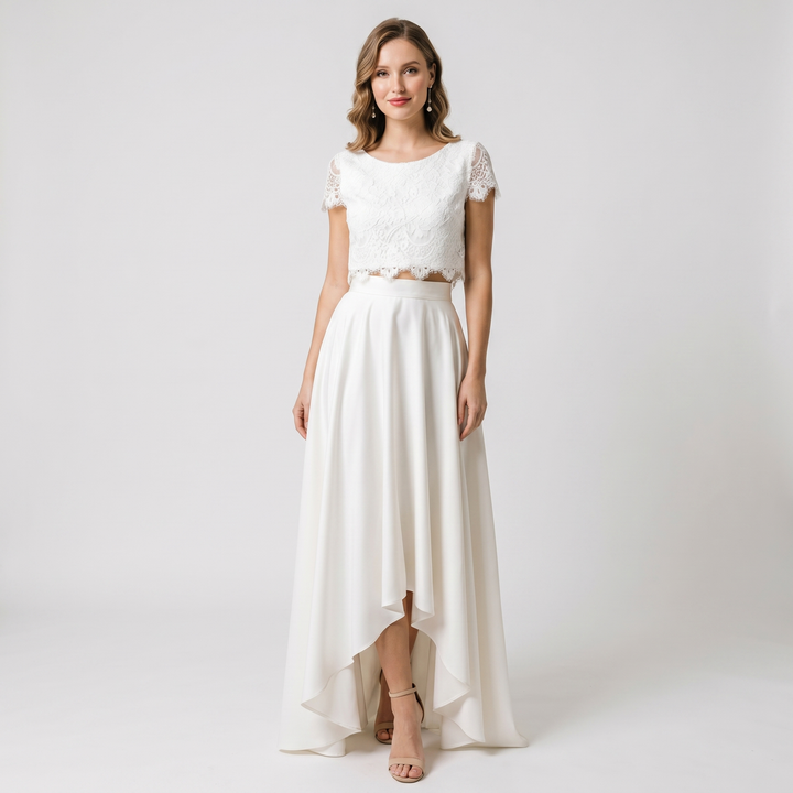 Women's Two Piece Wedding Dress Lace Crop Top Hi Low Skirt Bridal Set Formal