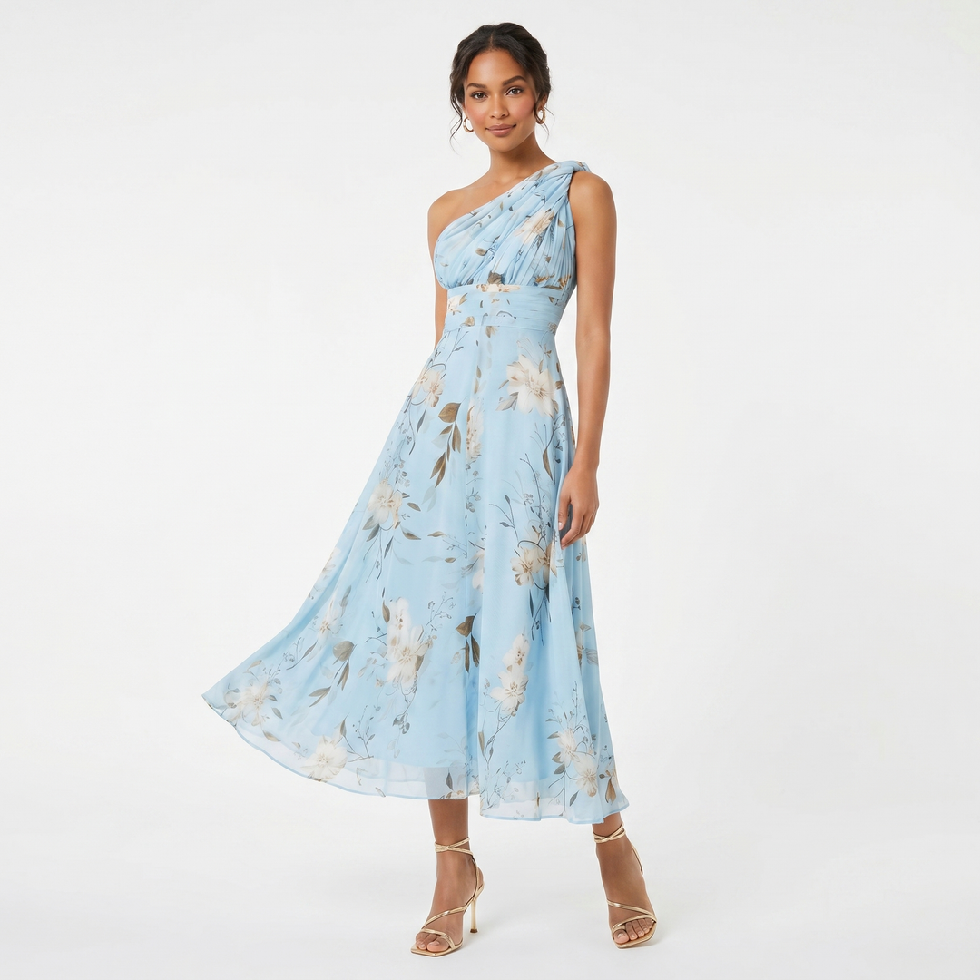 Women's Floral One Shoulder Chiffon Midi Dress Pleated Belted Wedding Guest