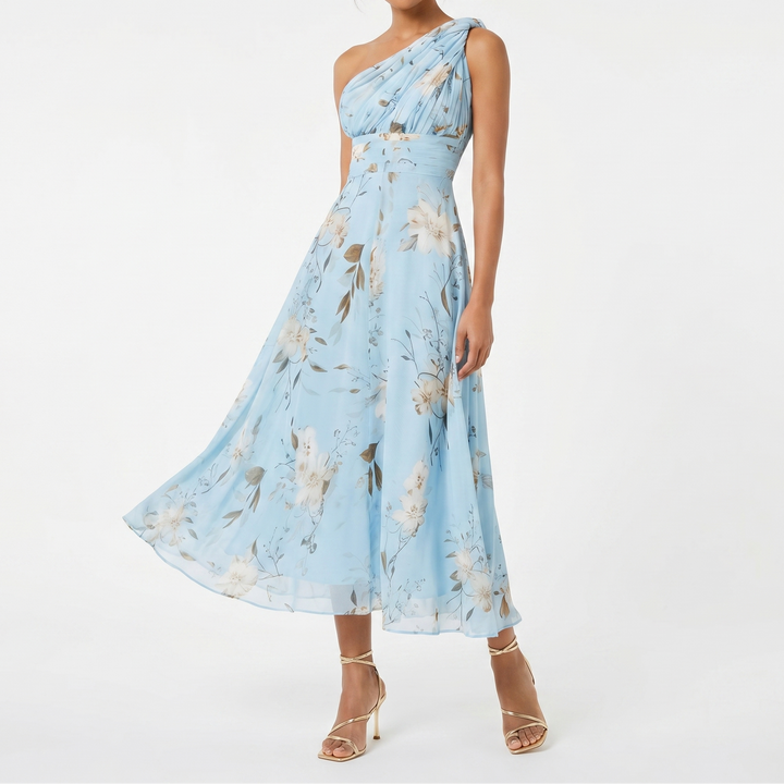 Women's Floral One Shoulder Chiffon Midi Dress Pleated Belted