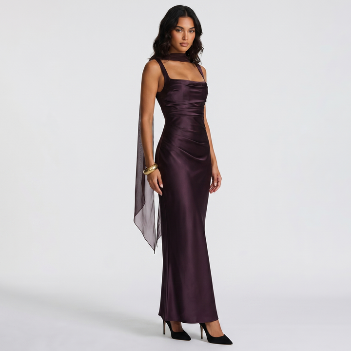 Women's Satin Ruched Maxi Dress Square Neck Scarf Tie Bodycon Formal Evening Gown