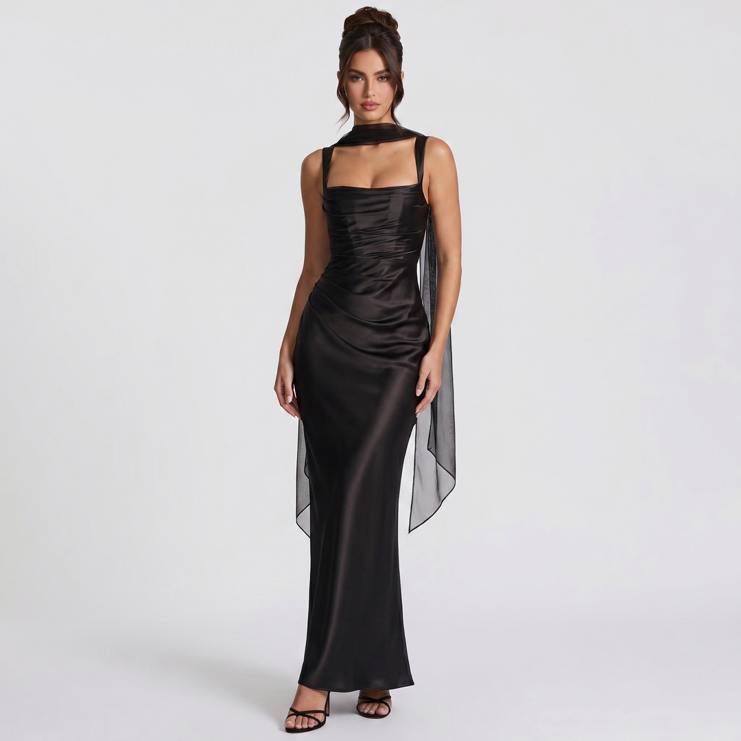 Women's Satin Ruched Maxi Dress Square Neck Scarf Tie Bodycon Formal Evening Gown
