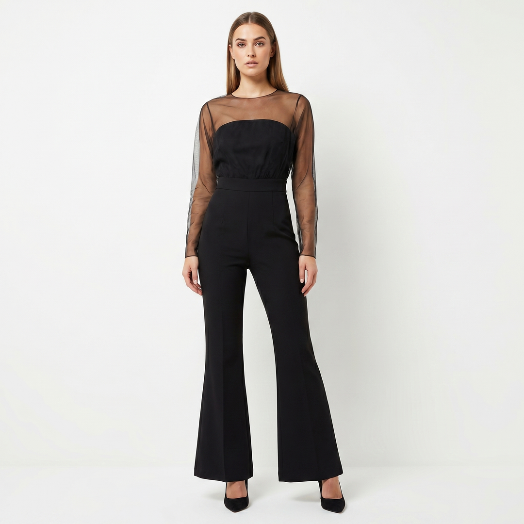 Women's Mesh Illusion Long Sleeve Jumpsuit Flared Leg Formal Evening Occasion Wear