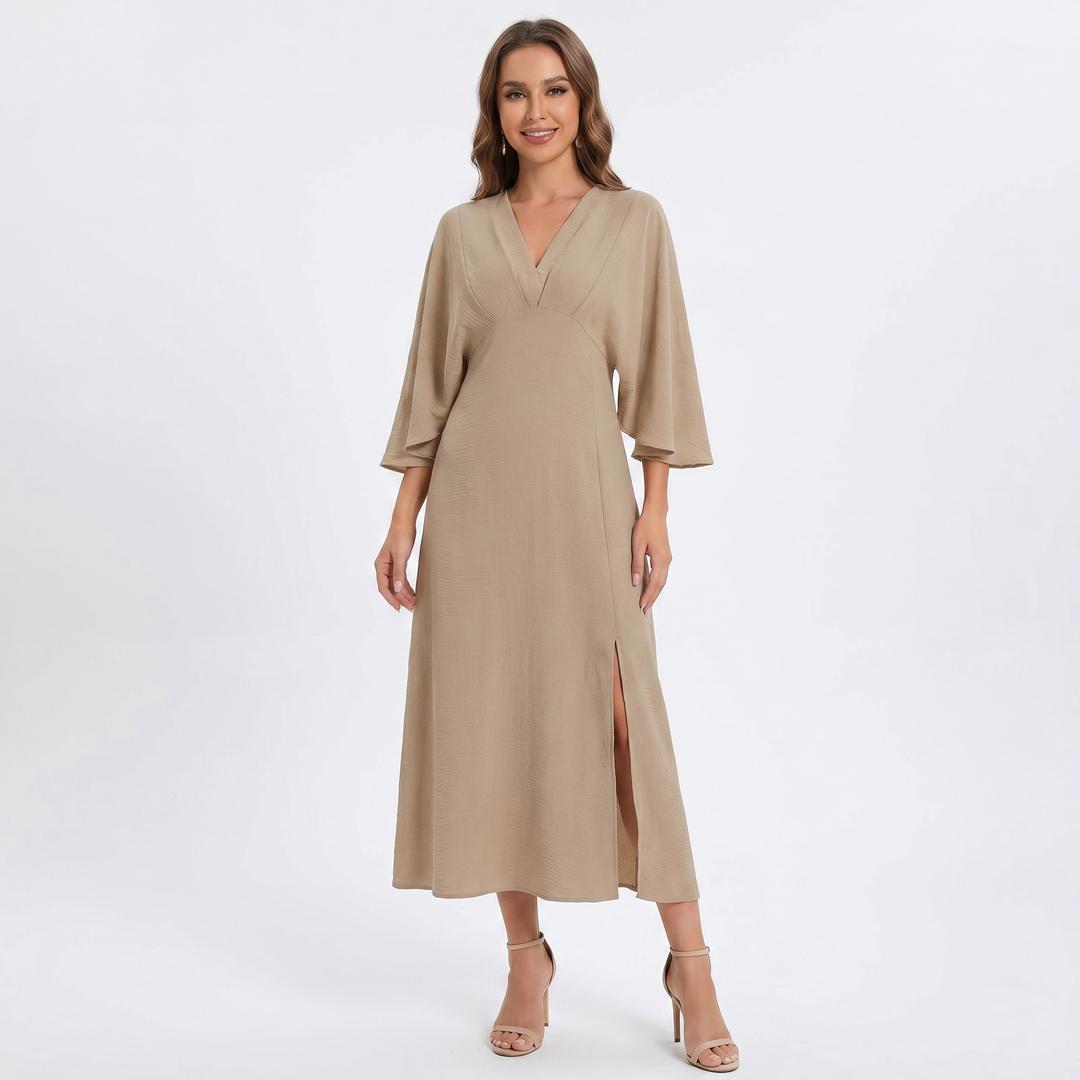 Women's V Neck Flare Sleeve Midi Dress Side Split A-Line Smart Casual Dress