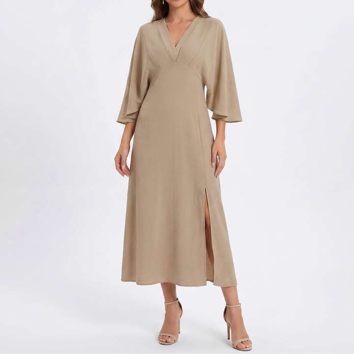 Women's V Neck Flare Sleeve Midi Dress Side Split A-Line Smart Casual
