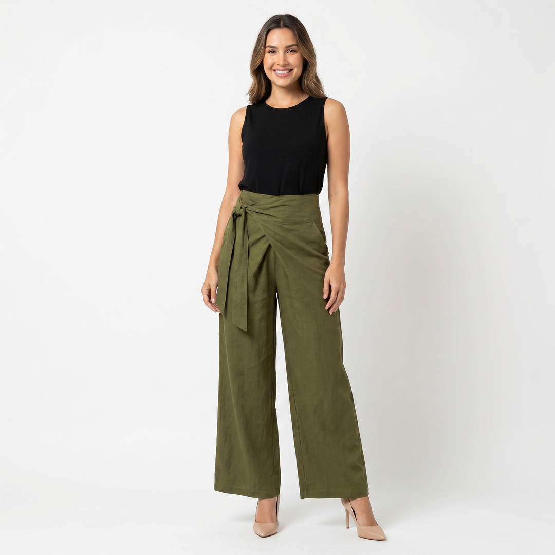 Women's Linen Wide Leg Trousers High Waist Wrap Tie Front Palazzo Pants