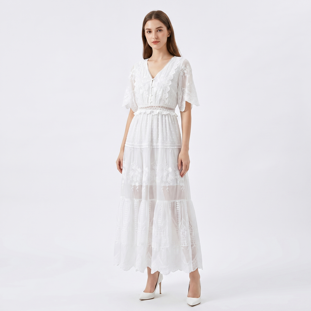 Women's Lace Embroidered Boho Maxi Dress V Neck Tiered Flowy Wedding Guest Summer