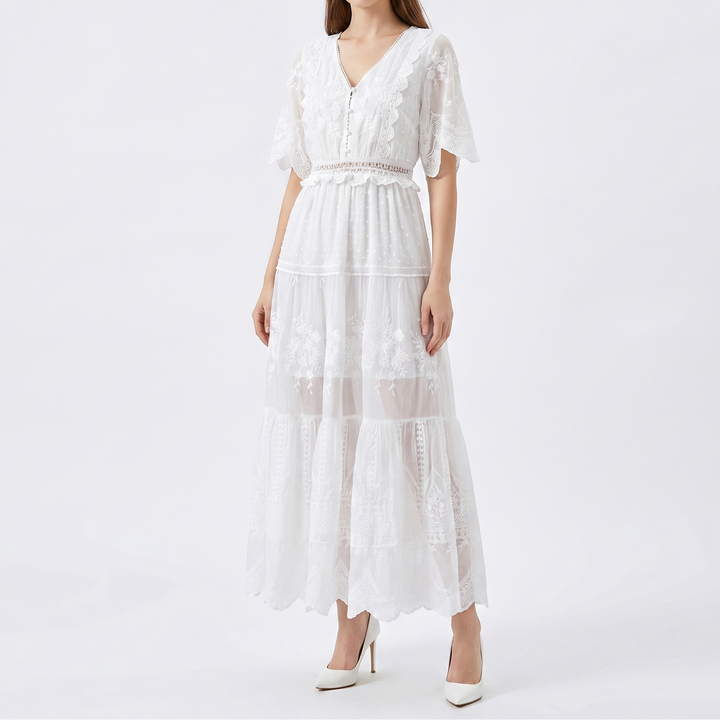 Women's Lace Embroidered Boho Maxi Dress V Neck Tiered Flowy