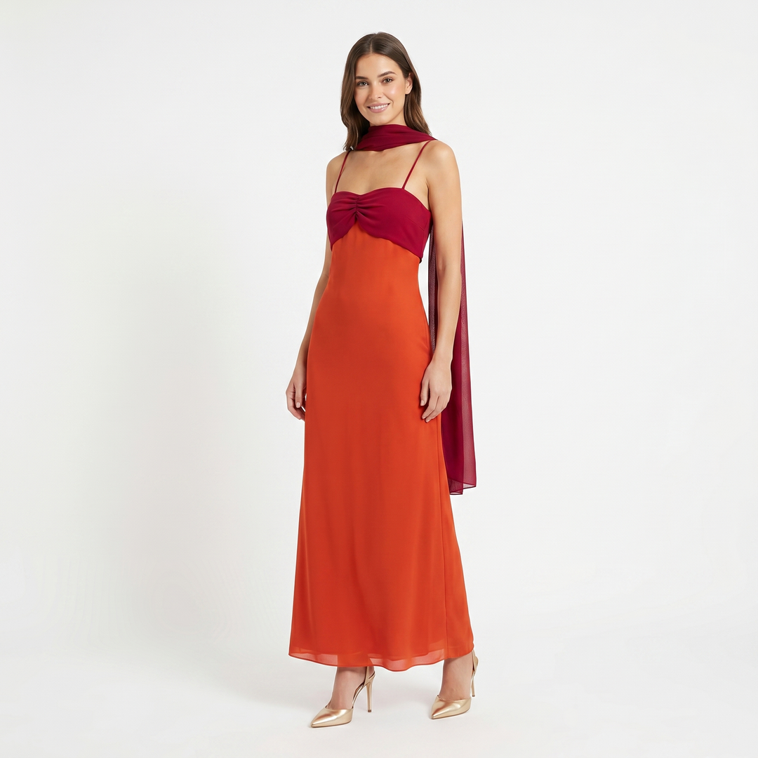 Women's Colour Block Chiffon Maxi Dress Scarf Tie Neck Twist Bodice Formal Evening
