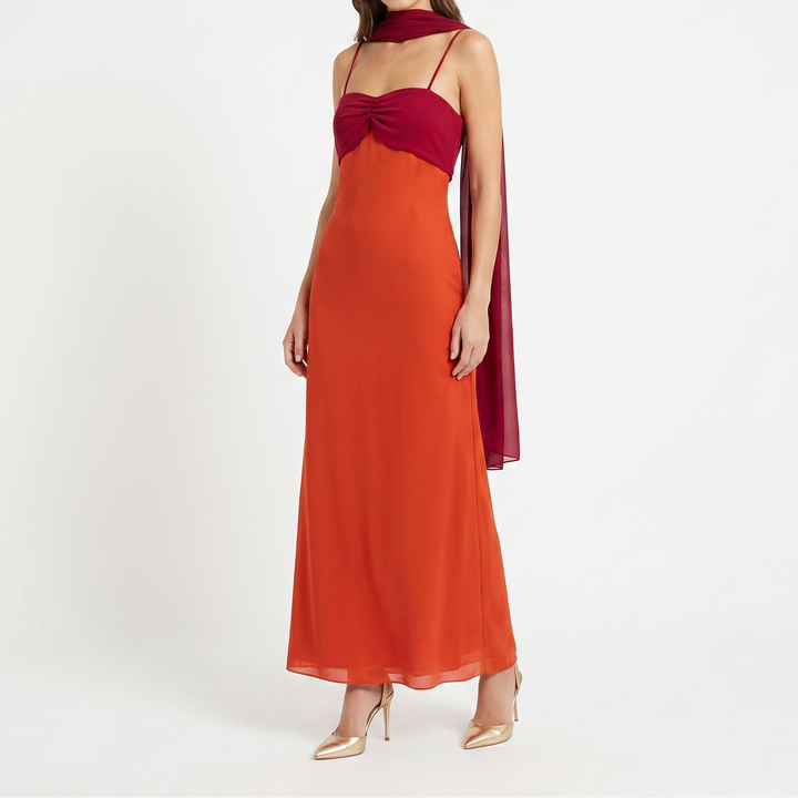 Women's Colour Block Chiffon Maxi Dress Scarf Tie Neck Twist Bodice