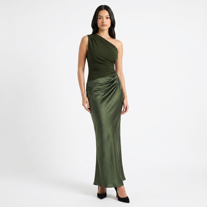 Women's One Shoulder Satin Maxi Dress Ruched Waist Bodycon Formal Evening Gown