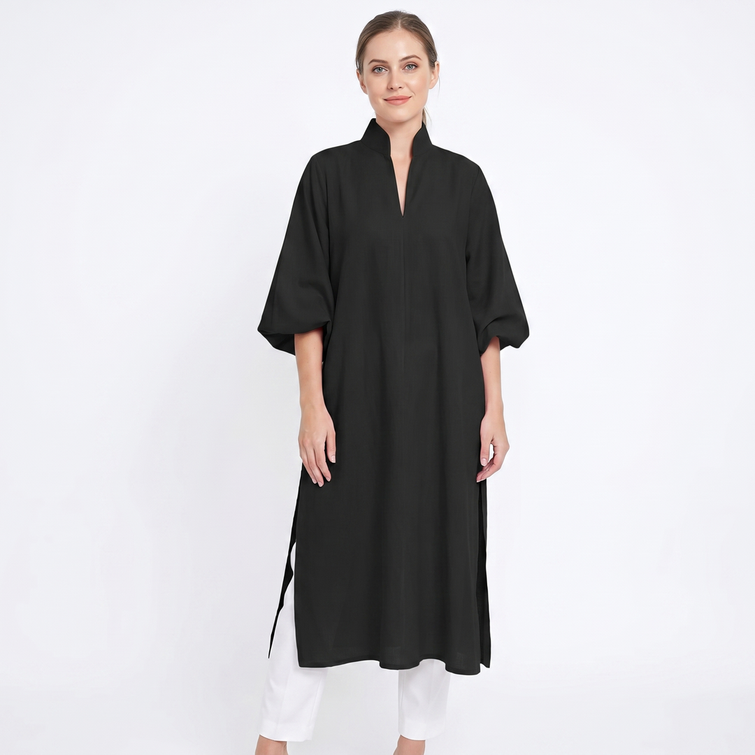 Women's Midi Shirt Dress Puff Sleeve Stand Collar Oversized Kaftan