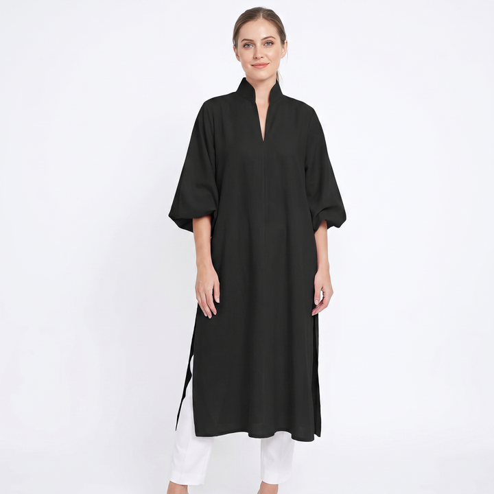 Women's Midi Shirt Dress Puff Sleeve Stand Collar Oversized Kaftan