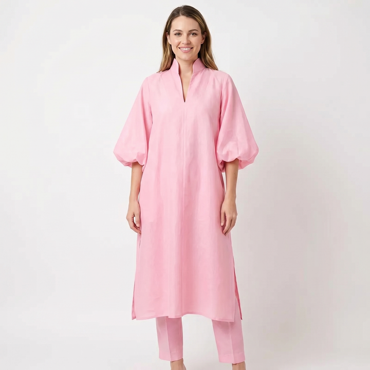 Women's Midi Shirt Dress Puff Sleeve Stand Collar Oversized Kaftan