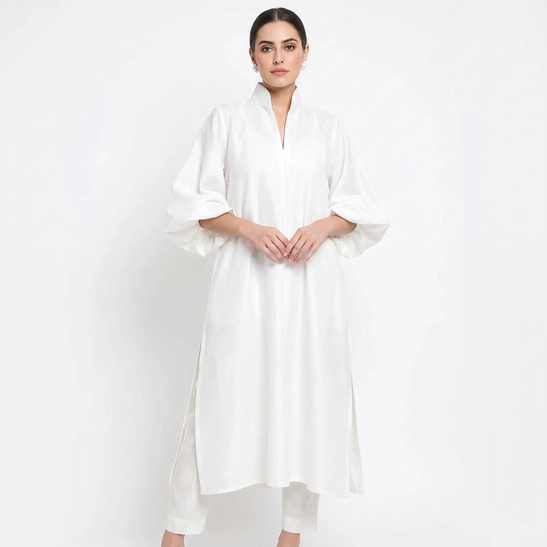 Women's Midi Shirt Dress Puff Sleeve Stand Collar Oversized Kaftan