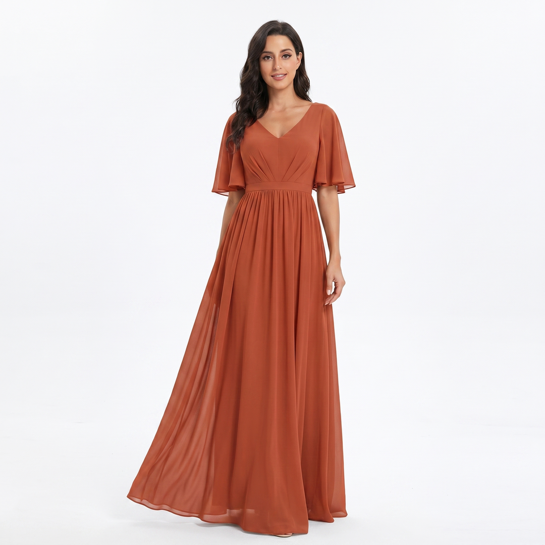 Women's Chiffon Maxi Dress V Neck Flutter Sleeve A-Line Bridesmaid Formal Evening