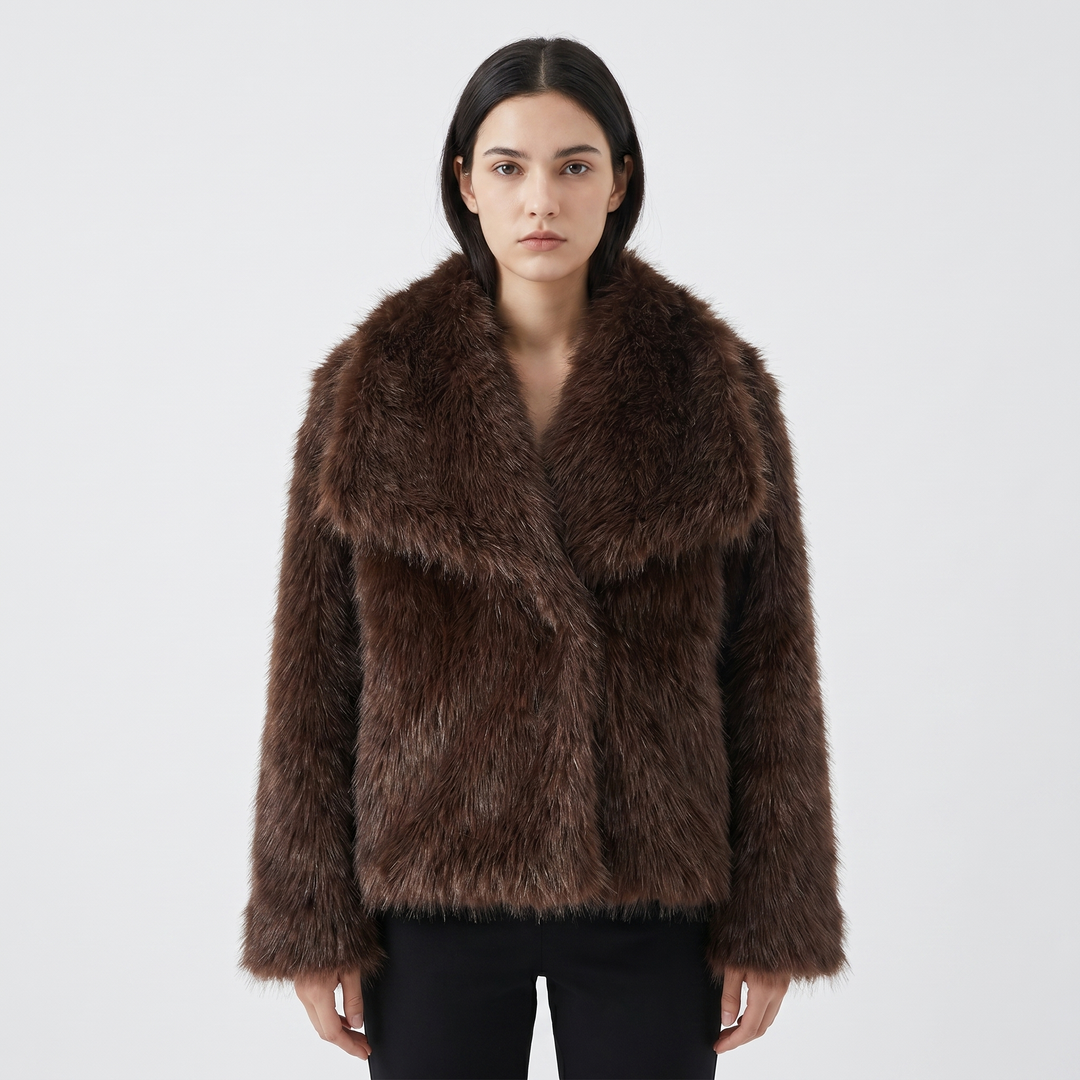 Women's Faux Fur Short Coat Oversized Collar Cropped Fluffy Jacket Winter Outerwear