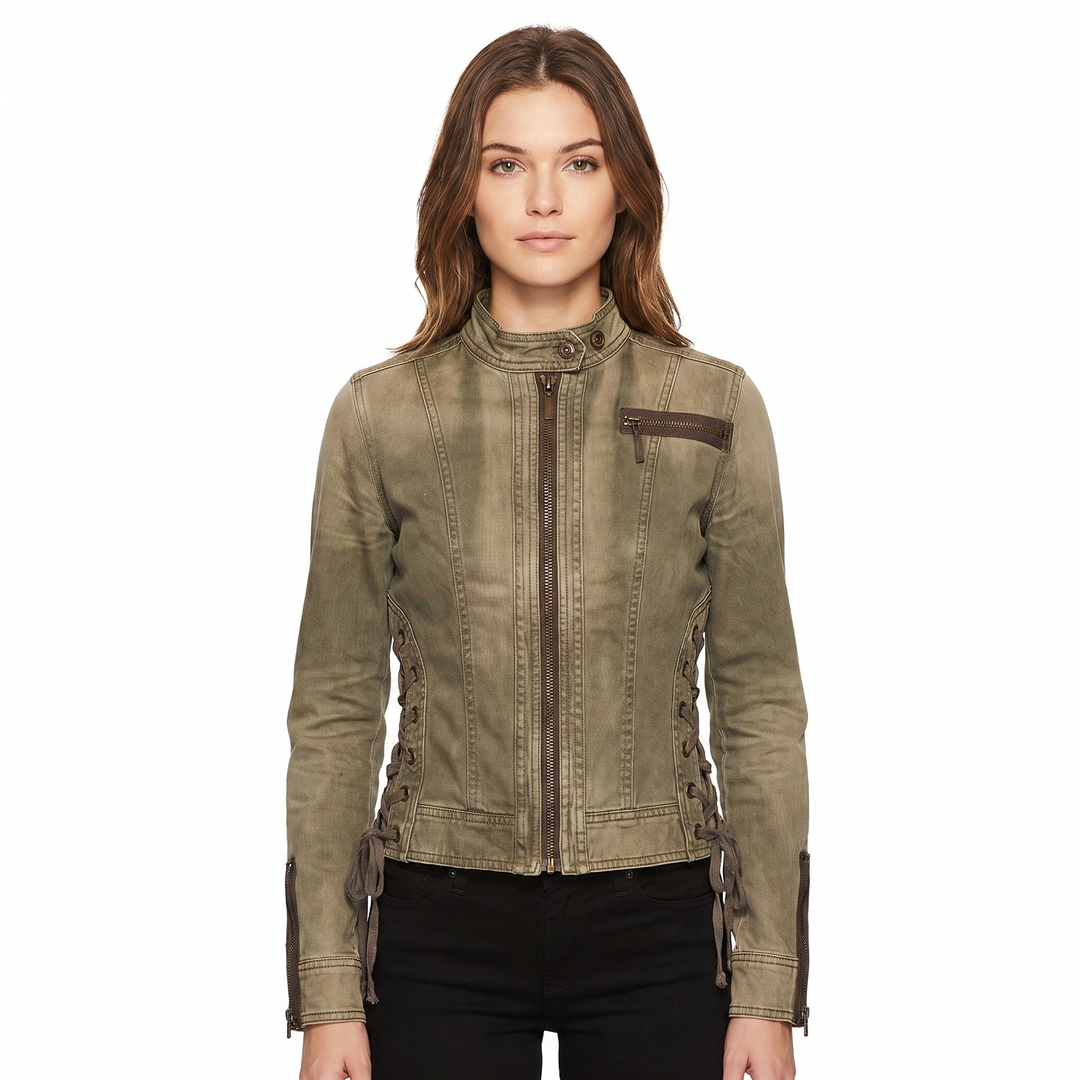Women's Lace-Up Side Moto Jacket Zip Up Stand Collar Military Biker Outerwear