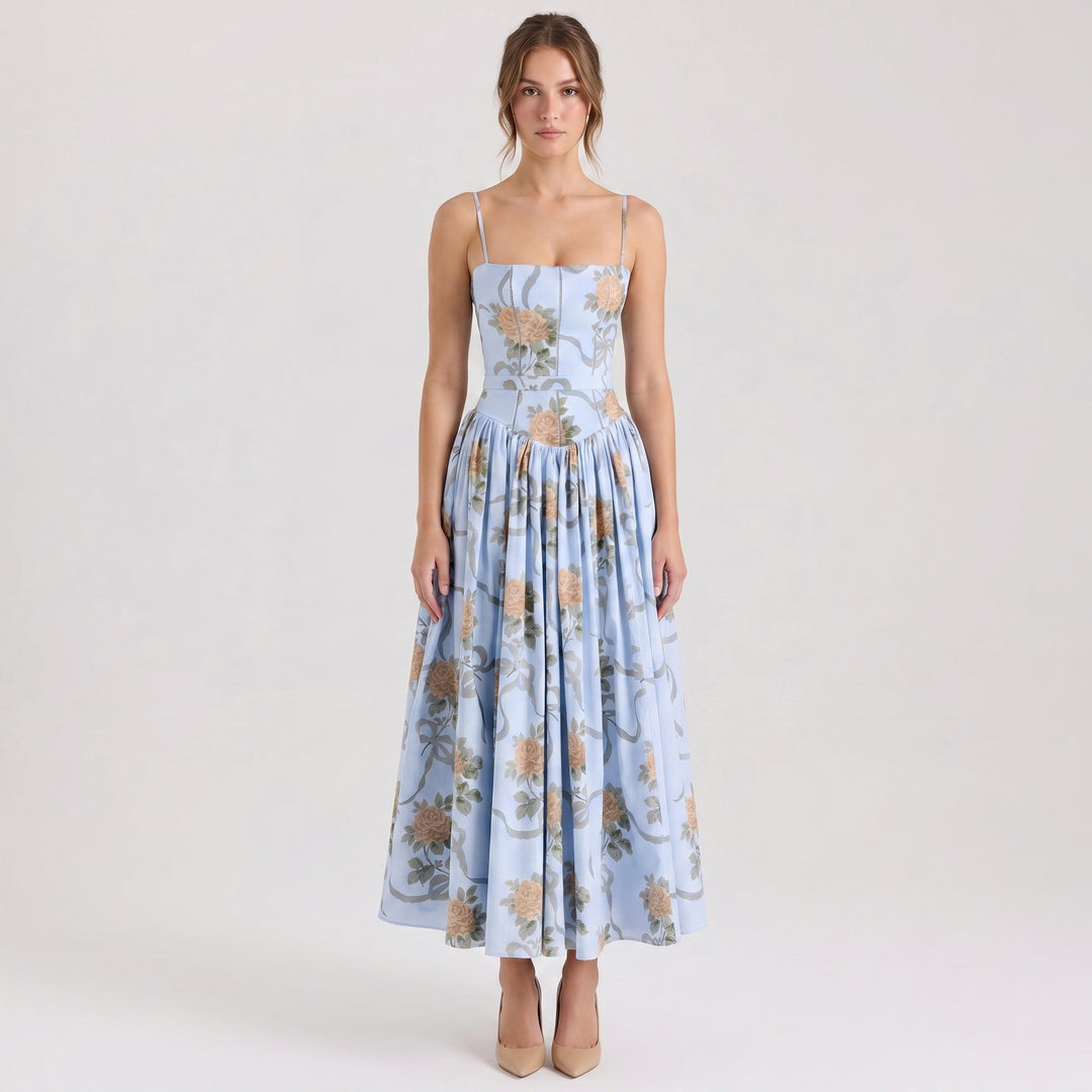 Women's Floral Print Corset Bodice Maxi Dress Spaghetti Strap Full Skirt Garden Party