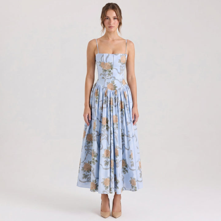 Women's Floral Print Corset Bodice Maxi Dress Spaghetti Strap Full Skirt Garden Party