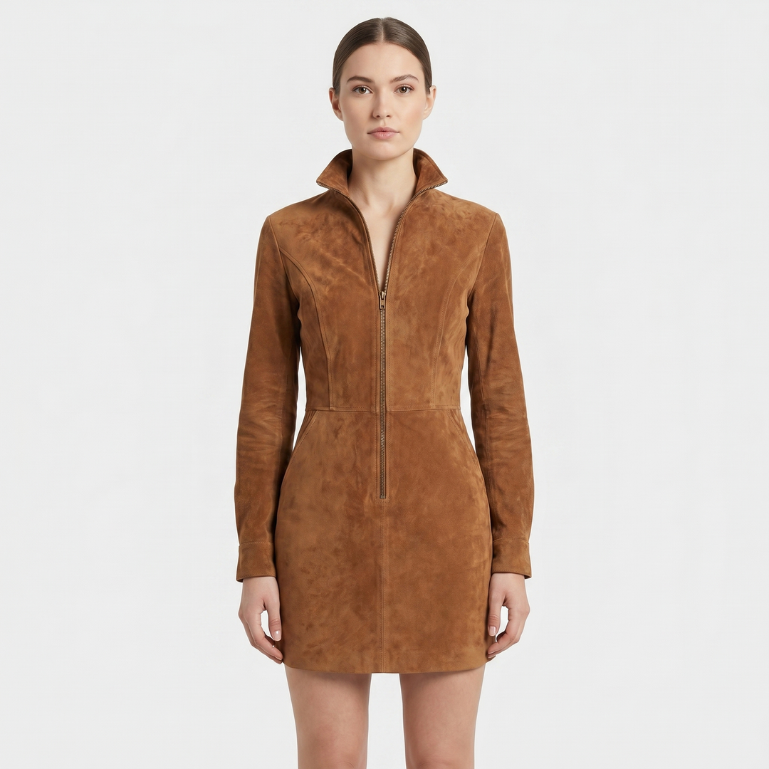 Women's Suede Zip Up Mini Dress Long Sleeve Stand Collar Fitted Bodycon Leather Look