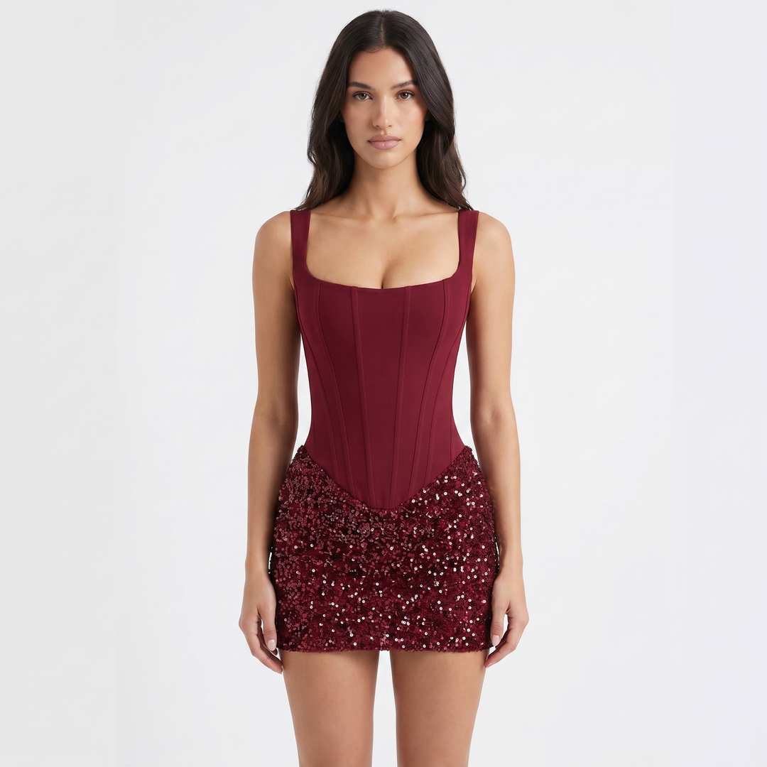 Women's Corset Bodice Sequin Mini Dress Sleeveless Square Neck Party Cocktail Dress