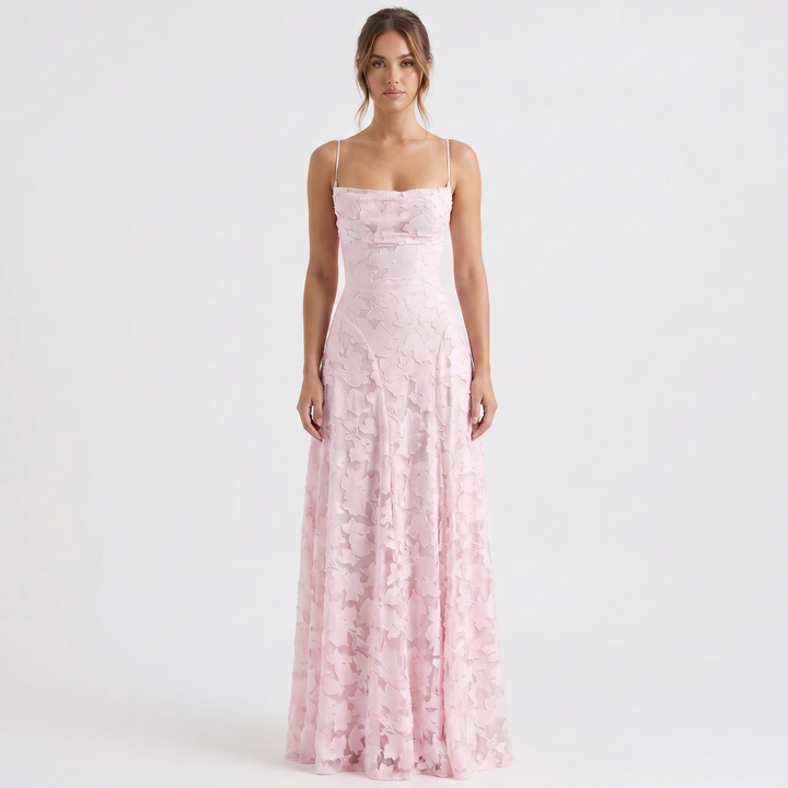Women's 3D Floral Applique Maxi Dress Spaghetti Strap Square Neck A-Line Bridal Gown