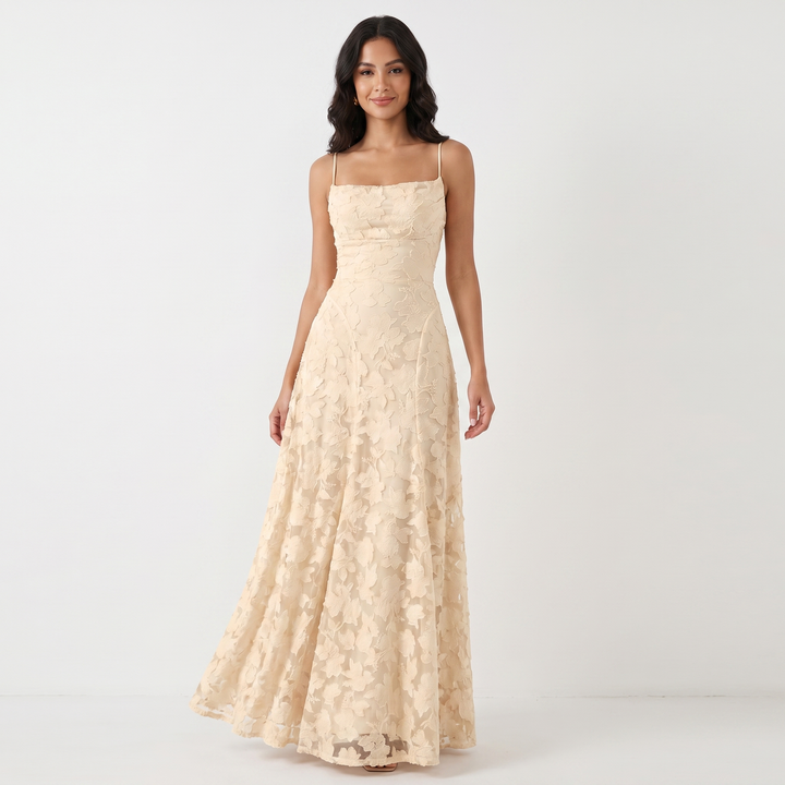 Women's 3D Floral Applique Maxi Dress Spaghetti Strap Square Neck A-Line Bridal Gown