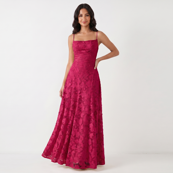 Women's 3D Floral Applique Maxi Dress Spaghetti Strap Square Neck A-Line Bridal Gown